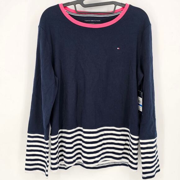 Tommy Hilfiger Navy Cotton Colorblock Stripe Crewneck Long Sleeve Preppy Top NWT - Picture 2 of 8